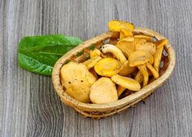 Chanterelle in a basket on wooden background photo