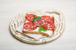 Salami sandwich on wooden board and wooden background photo