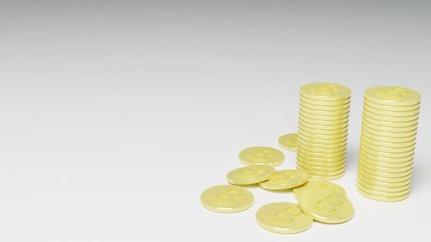 Stacks of golden bitcoins on a white background with copy space.3d render illustration with soft lights. photo