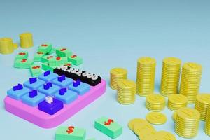 Calculator, bitcoin, us dollar stacked on green background, 3d render illustration with soft lights. photo