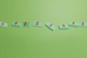 Dollar bills floating across a green background.3d render illustration with soft lights. photo