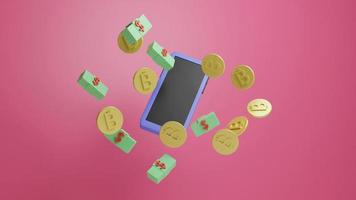 Mobile phone floating with gold bitcoin coins. Orange background.3d render illustration with soft lights. photo