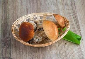 Wild Mushrooms on wooden basket and white background photo