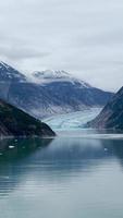 pannen visie van ijs en sneeuw gedekt bergen omringd door water en mist video