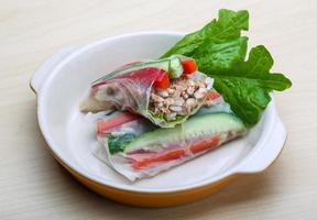 Spring rolls in a bowl on wooden background photo