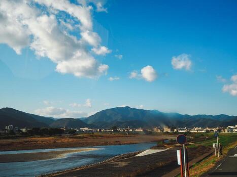 View of small village in japan with beautiful blue sky background photo