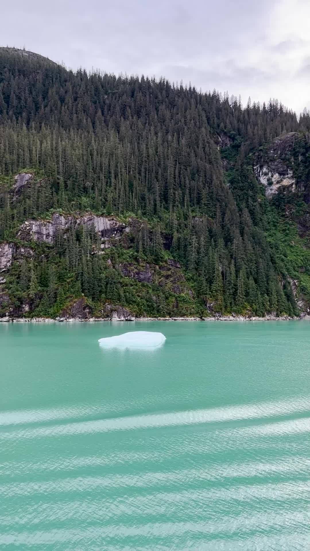 Iceberg in cold green waters of Alaska with mountains in background