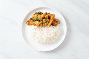 stir-fried fried fish with basil and chili in thai style topped on rice photo