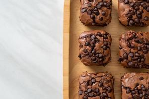 dark chocolate brownies topped by chocolate chips photo