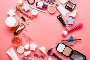 Multiple Beauty Tools On Pink Background photo