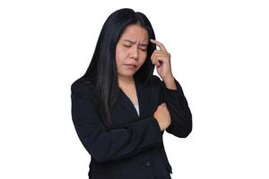 Tired stressed middle-aged businesswoman suffering from headaches at work. Upset sick lady massaging head feeling migraine from overwork or menopause isolated on white background. Health care concept photo