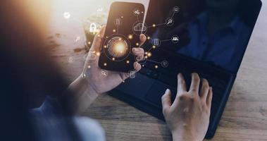 businessmen Fingerprint scanning and biometric authentication, processing of biometric for access personal data. surveillance and security scanning of digital programs cyber futuristic applications photo