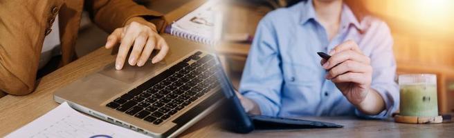 Businessman hands working with finances about cost and calculator and laptop with tablet, smartphone at office in morning light photo