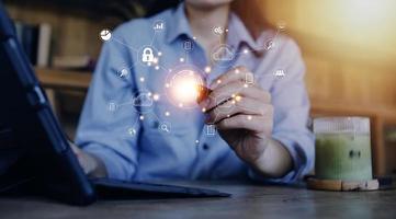 businessmen Fingerprint scanning and biometric authentication, processing of biometric for access personal data. surveillance and security scanning of digital programs cyber futuristic applications photo