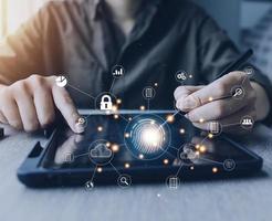 businessmen Fingerprint scanning and biometric authentication, processing of biometric for access personal data. surveillance and security scanning of digital programs cyber futuristic applications photo