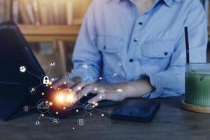 businessmen Fingerprint scanning and biometric authentication, processing of biometric for access personal data. surveillance and security scanning of digital programs cyber futuristic applications photo