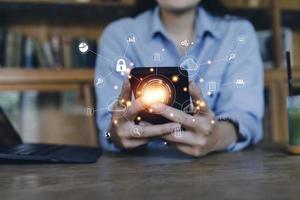 businessmen Fingerprint scanning and biometric authentication, processing of biometric for access personal data. surveillance and security scanning of digital programs cyber futuristic applications photo