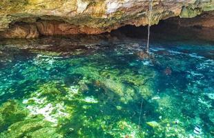 Blue turquoise water limestone cave sinkhole cenote Tajma ha Mexico. photo