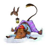 Raster cartoon image of a bull that fell on a skating rink. png