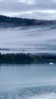 nevoeiro flutua entre a linha costeira da floresta montanhosa vista do barco video