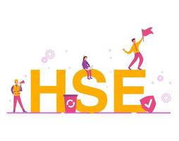 HSE - health safety environmen big letters.Concept icon  isolated on white background.The guy is waving the flag. Girl with laptop. Worker in a helmet and a vest,megaphone.Little people. vector