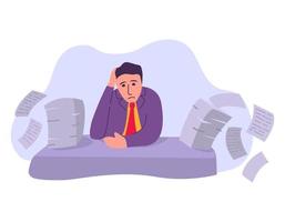 Man overwork in office deadline.Manager sitting at desk with stack of documents.Businessman holding hand on head.On office table with document - paper pile of work. Concept for stress vector flat.