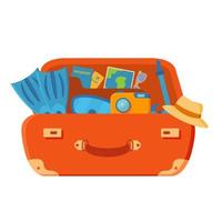 The suitcase is open. Fins, camera, glasses, passport, airline tickets, palm trees and starfish.Summer vacation.Vector flat illustration.Isolated on a white background. vector