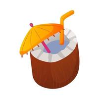 Tropical coconut cocktail with  straws and umbrella. Juice exotic fresh in coco. Isolated object for summer tropical beach party.Vector illustration. vector