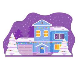 Christmas home facade decorated garland in snowfall.Flat vector illustration.Wooden country house.Night suburban house with Christmas trees decorated with light garlands.