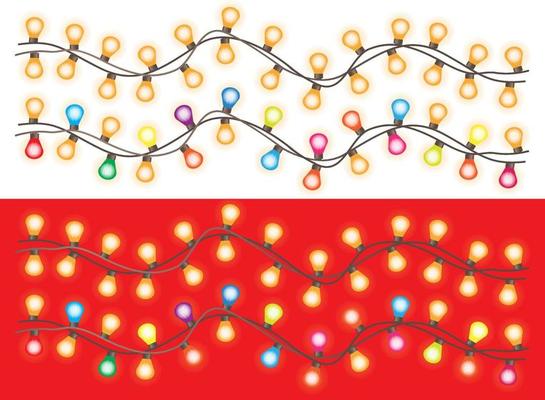 Set of festive multicolored garlands. Decoration for the holiday.Vector flat illustration.Isolated on a white background.Christmas garlands.Glowing bulbs.