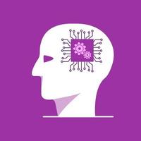 AI, Artificial Intelligence, technology. Thin line Microchip Processor chip. Cybernetic Robot head with gears. Hi-tech device. Flat illustration vector .