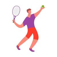 jugador de tenis hombre golpeando la pelota con raqueta. un atleta masculino haciendo deporte. ilustración vectorial aislado sobre fondo blanco. vector