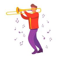 hombre tocando el trombón. músico de jazz funky. Ilustración de vector plano moderno. Iconos de concepto para clubes y conservatorios. Aislado en un fondo blanco.