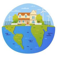 Eco energy renewable house. Solar, wind power. Planet map. Vector illustration. Eco-friendly home.Urban landscape. Solar energy,wind power. Alternative energy house.