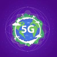 World global 5G network wireless technology planet Earth.Satellites communication and antennas.High-speed internet technologies,big data.Smart cities broadband telecommunication.Map with the mainland. vector