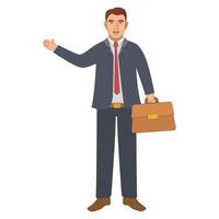 Satisfied businessman with a briefcase. Character office staff. A young guy in a suit and tie. Vector flat character.Isolated on a white background.