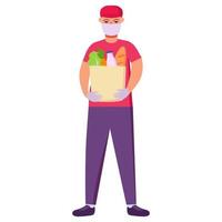 Courier in mask and gloves holds paper bag with groceries.Cartoon character delivery guy.Vector flat .Milk bottle, loaf of bread and salad.Safe food delivery. vector