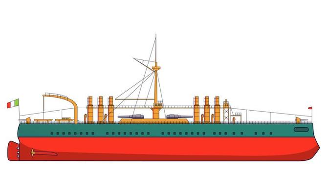 Italian battleship Italy combat naval artillery. Military ship with guns side view and top view. Line art flat vector illustration.Armored warship.Isolated on a white background.