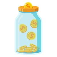 Save money in glass jar.Gold coins in moneybox. Income concept.Glass money jar full gold coins.Saving dollar.To invest money.Vector flat illustration. vector