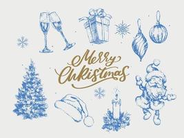 Feliz Navidad. feliz año nuevo, 2023. conjunto de tipografía. logotipo vectorial, emblemas, diseño de texto. utilizable para pancartas, tarjetas de felicitación, regalos, etc. vector