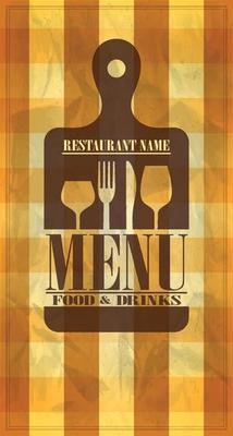 Retro paper menu food and drinks cutting board lies on a tablecloth