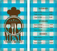 Restaurant menu design. Food and drinks menu retro style blue tablecloth background vector