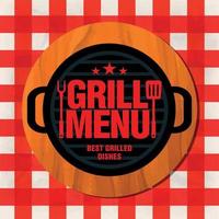 Grill menu. Best grilled dishes. Grill on a wooden stand on a red tablecloth vector