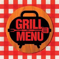 Grill menu. Grill on a wooden stand on a red tablecloth vector