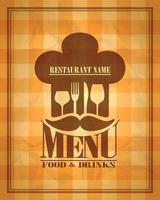 Food and drinks retro menu card with cook cap vector