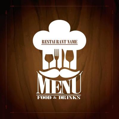 Food and drinks menu with cook cap, wood background