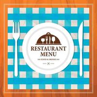 Restaurant menu on a retro style. Plate, fork, knife, cutlery on blue checkered tablecloth. Menu template vector