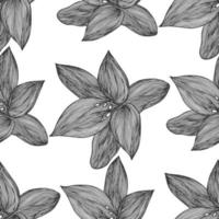 Floral vector background black and white. Linear lily flower line seamless pattern for textile design. Vector seamless black and white flower pattern.