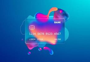 Glass morphism credit card template. Plastic rectangle of transparent plastic with blur effect. Liquid shapes morphism abstract art. vector