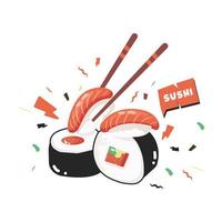 Vector illustration of sushi with piled salmon and chopsticks